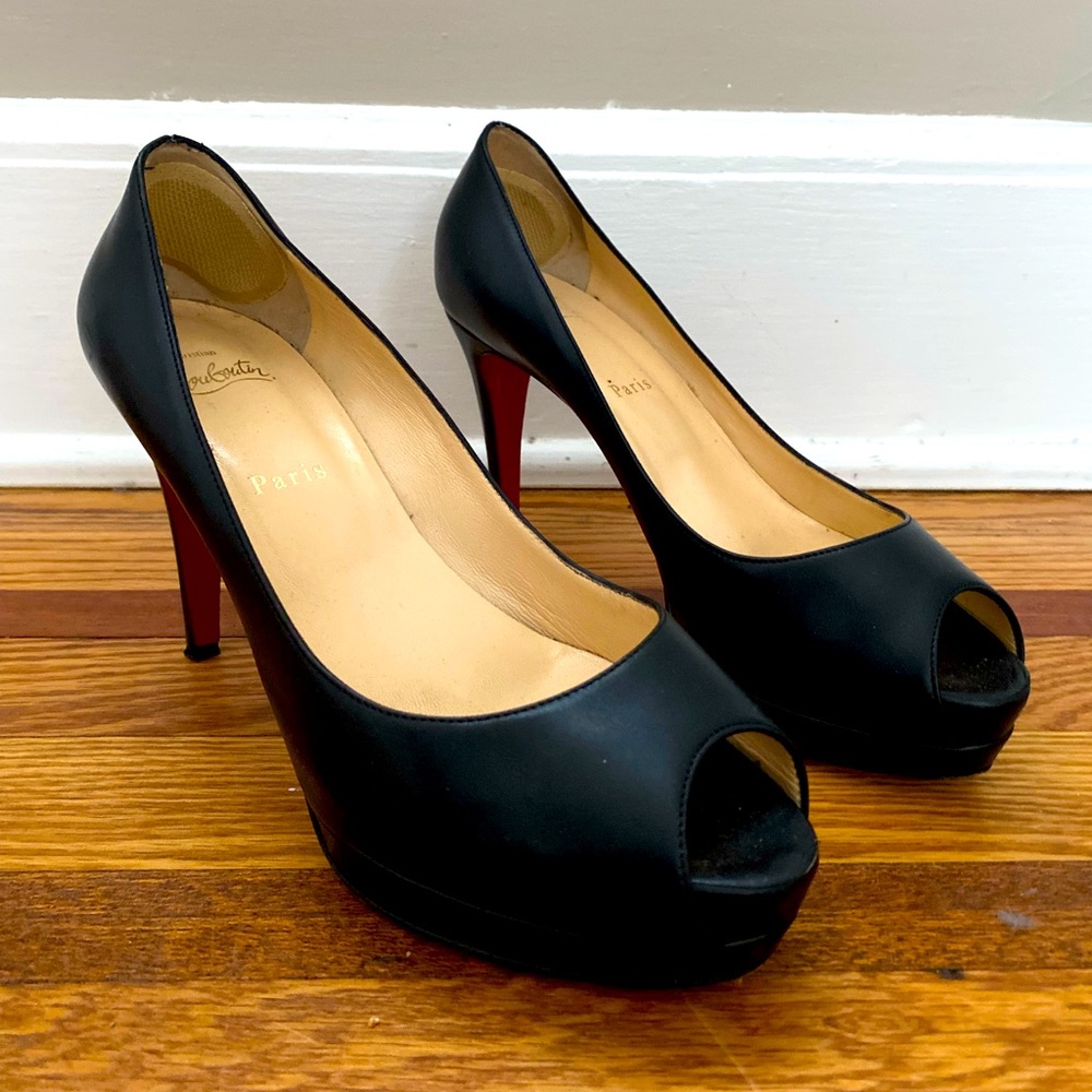 Louboutins, black open toed heels, 39.5 Euro size, 8 US size